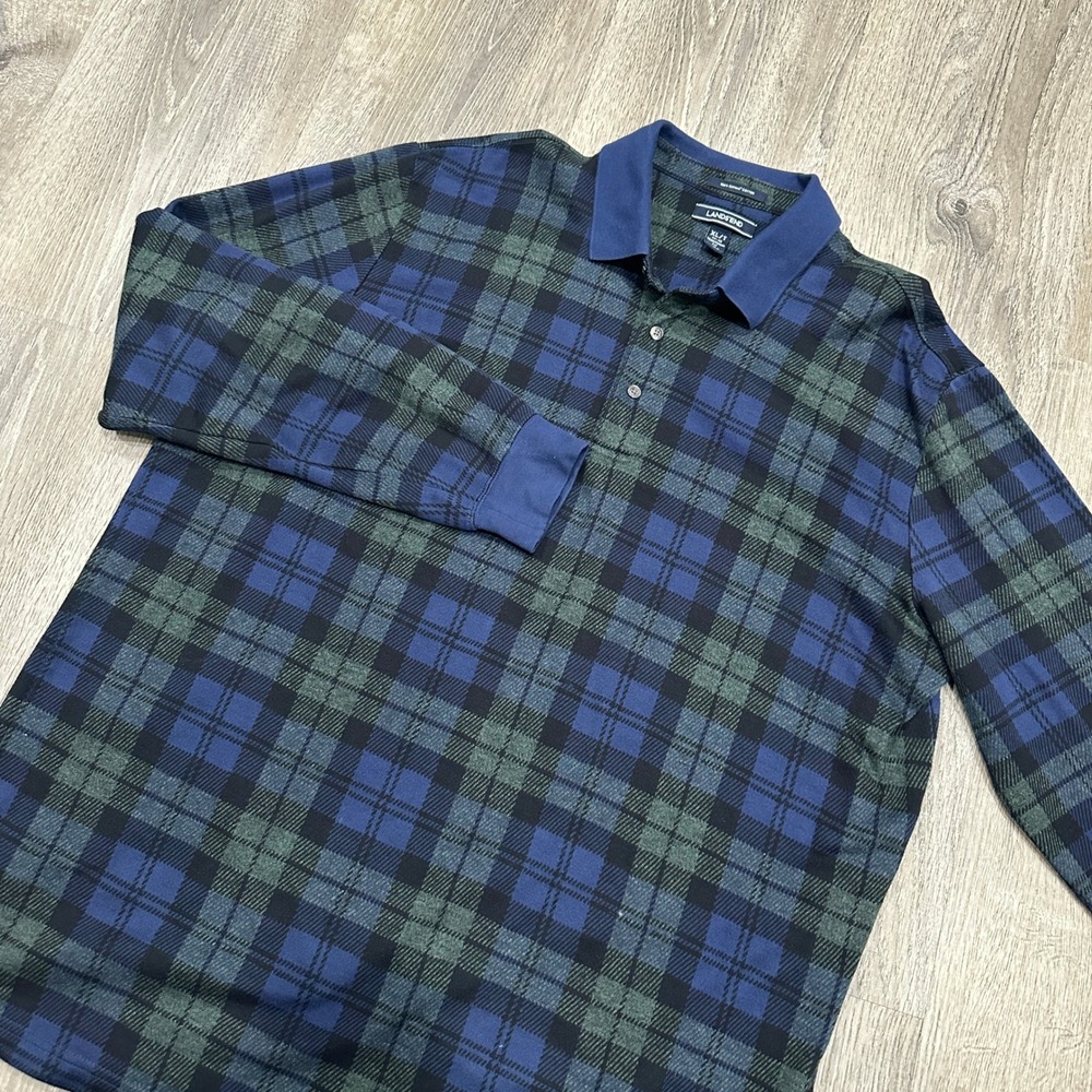 Lands End Mens XL Tall Supima Cotton Long Sleeve Blue Green Plaid‎ Polo Shirt